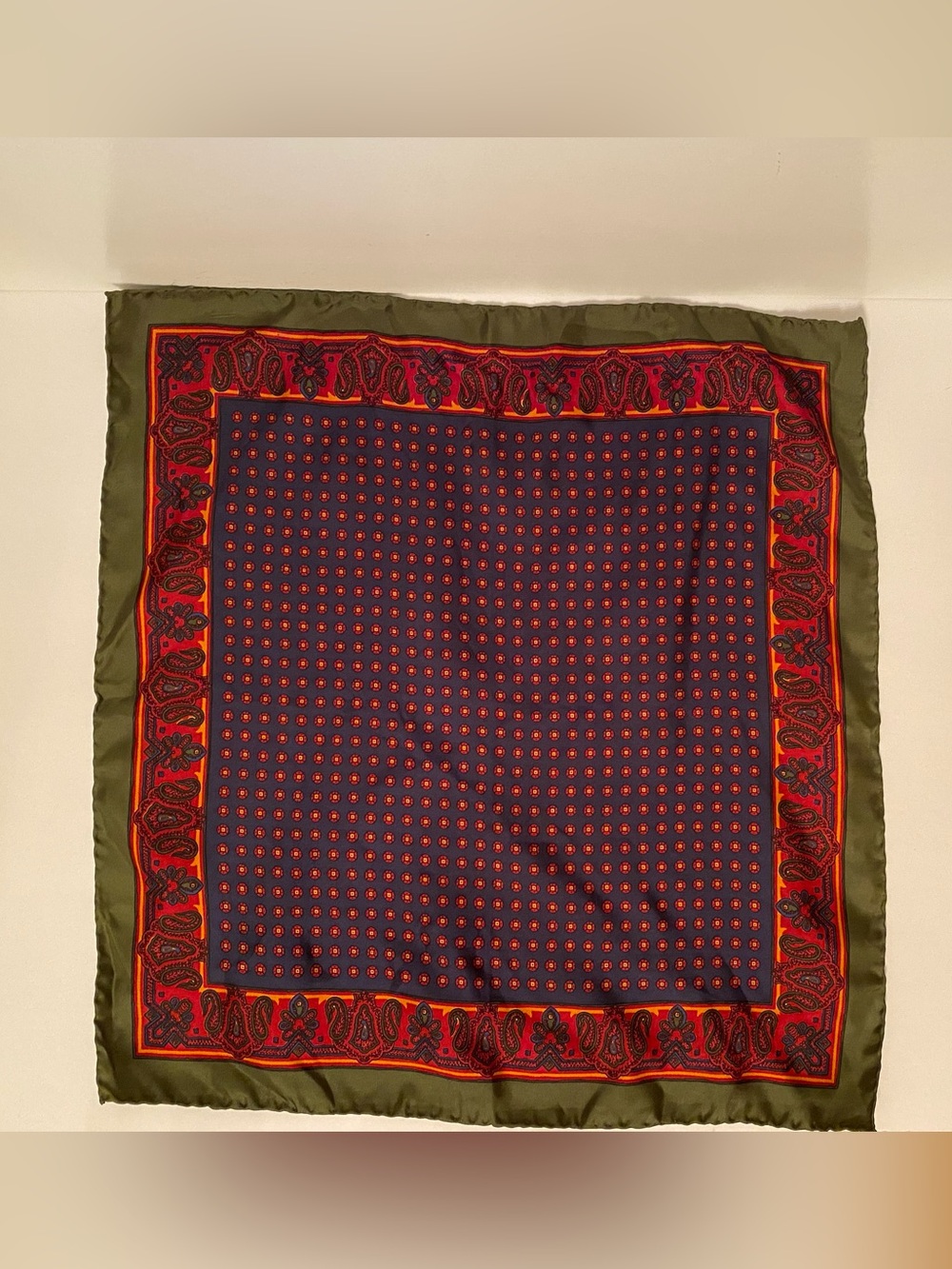 SCARF TRADITIONAL SQUARE BLUE RED GREEN PAISLEY HAND ROLLED EDGE